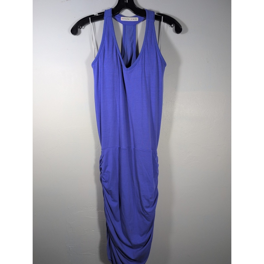 Athleta Tee Racerback Dress Womens XS Baja Blue Sleeveless Ruched Athleisure‎
